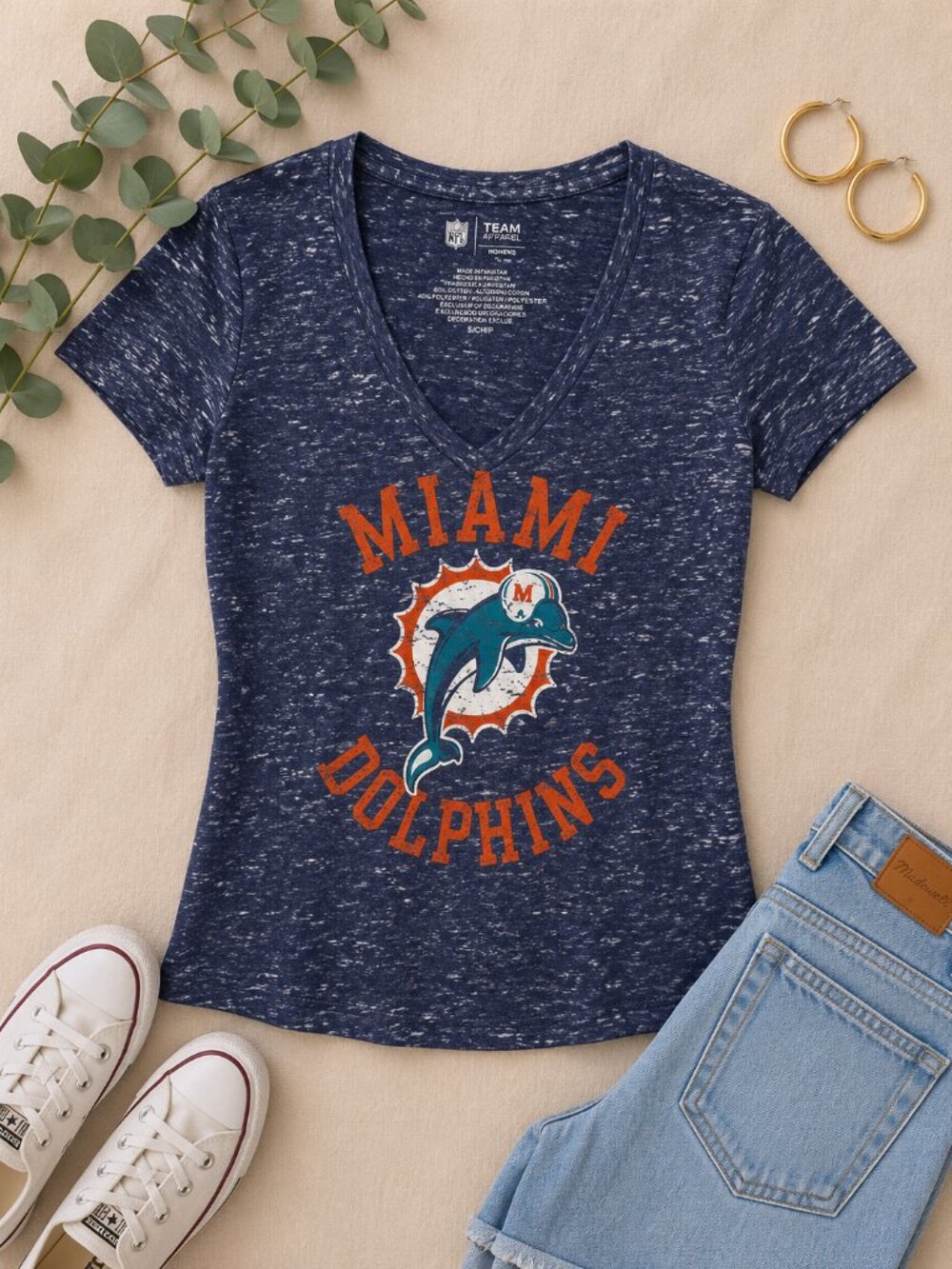 Miami Dolphins NFL Team Apparel V-Neck Graphic Tee | Women's Small | Navy